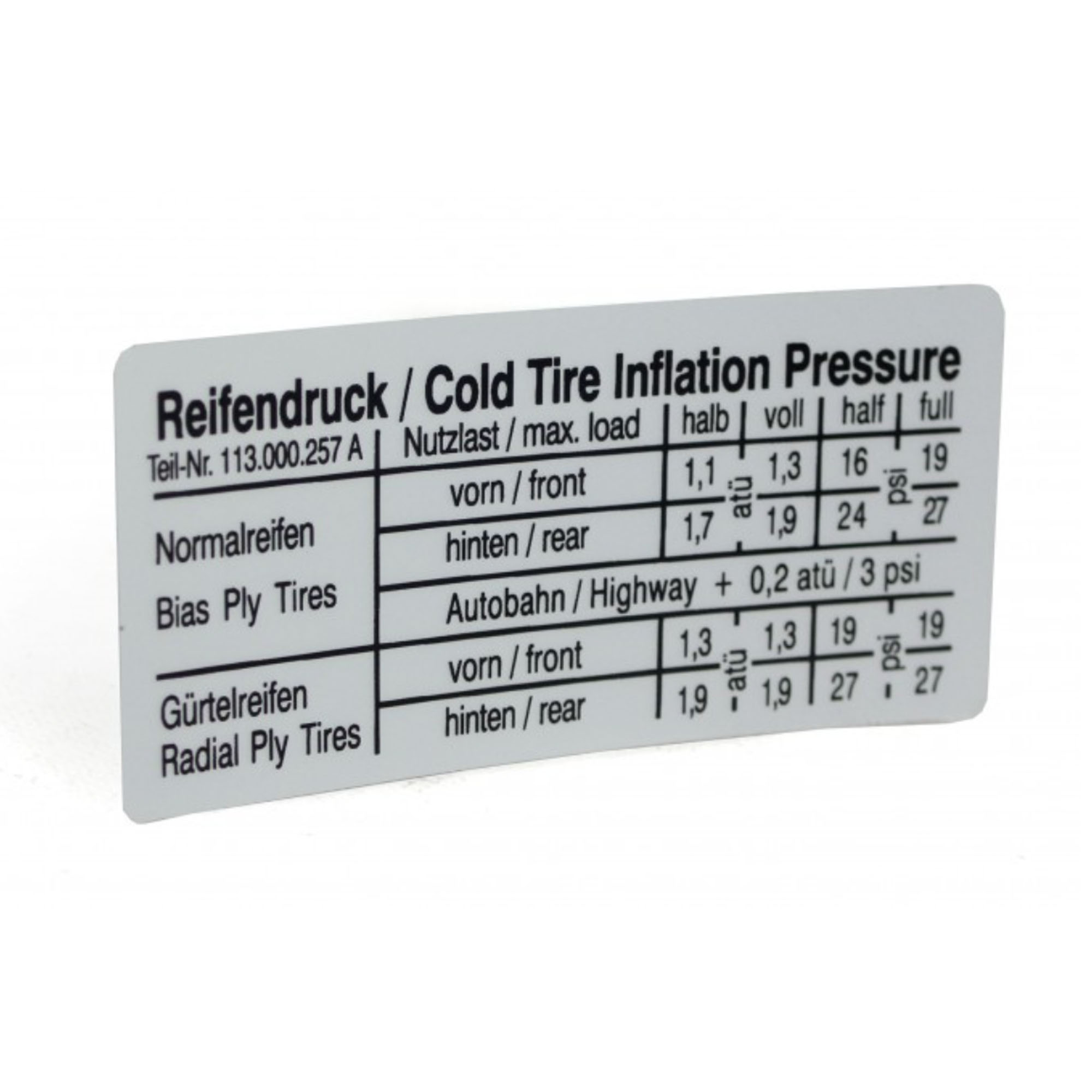 OE Sticker Tire Pressure