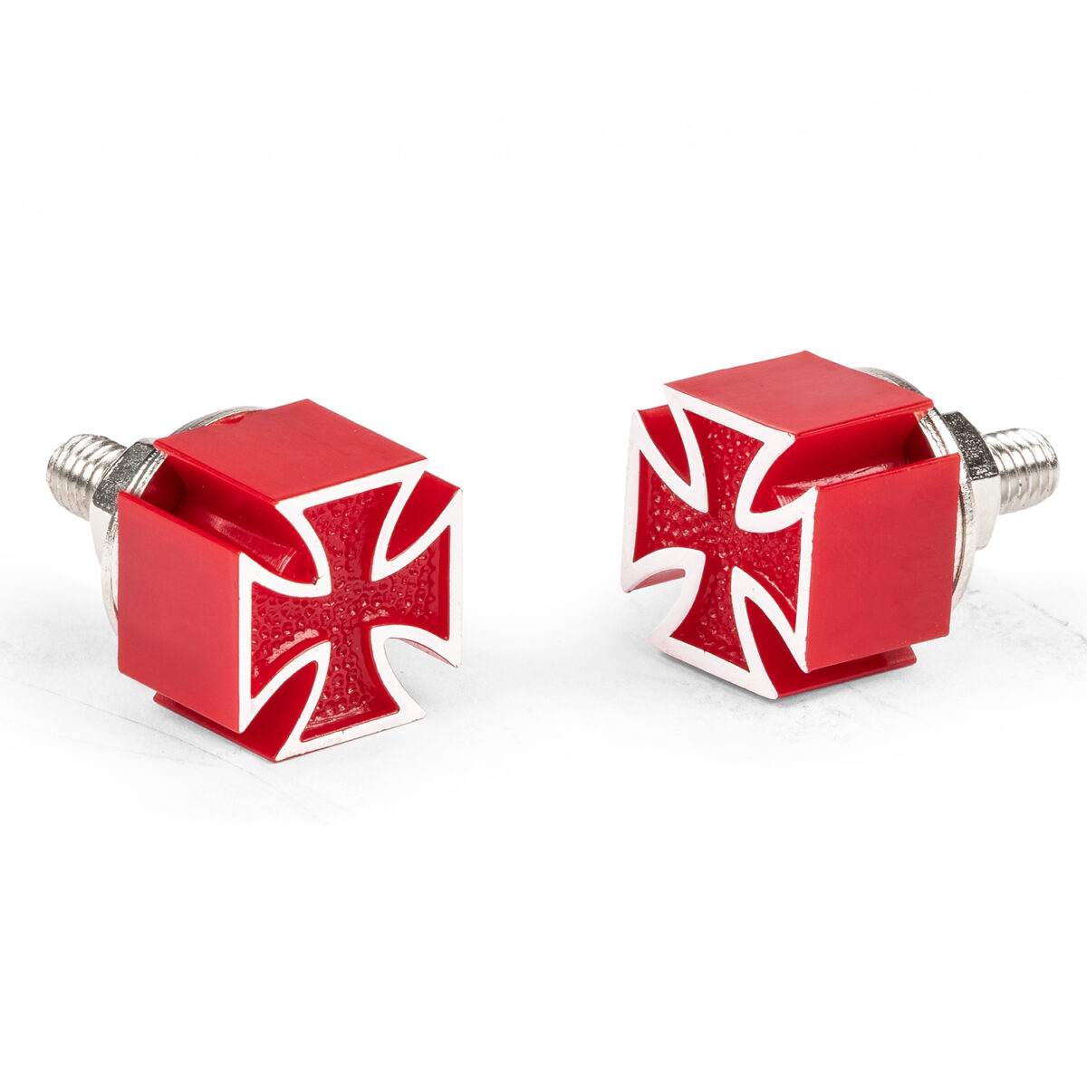 Mooneyes Iron Cross Red License Plate Bolts , Pair