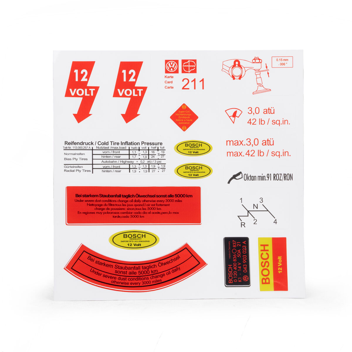 1950-79 Beetle / Ghia 12 Volt Engine Bay Decal & Service Sticker Sheet