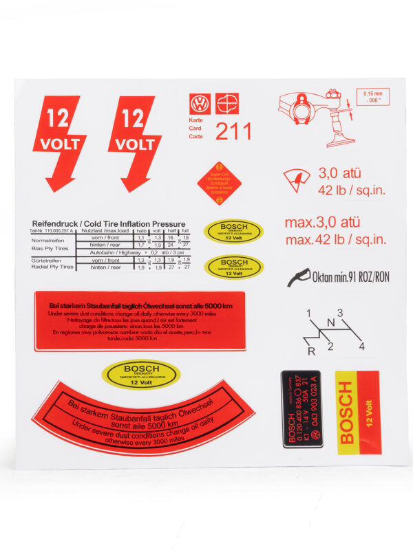 1950-79 Beetle / Ghia 12 Volt Engine Bay Decal & Service Sticker Sheet